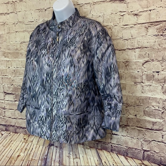 Chico’s Purple Silver Metallic Zipper Front 3/4 Ruched Sleeve Jacket - Picture 2 of 11